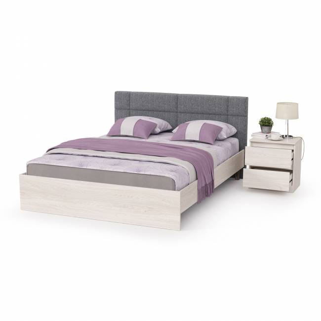 Кровать с мягкой спинкой с основанием и прикроватной тумбочкой Ника цвет ясень анкор светлый