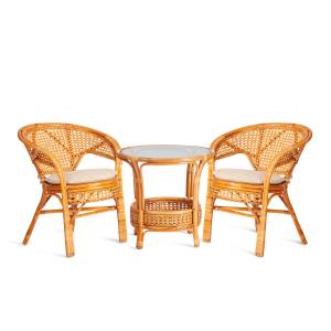 ТЕРРАСНЫЙ КОМПЛЕКТ "PELANGI" (стол со стеклом + 2 кресла) / с подушками / ротанг, кресло 65х65х77см, стол диаметр 64х61см, Honey (мед) Honey (мед) ротанг