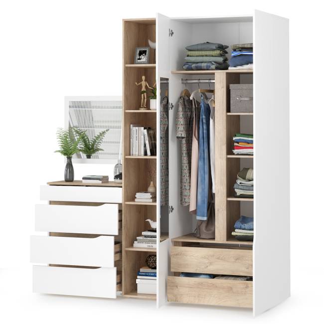 Комплект Муссон Шкаф + Стеллаж + Комод + Зеркало цвет белый/дуб эндгрейн элегантный