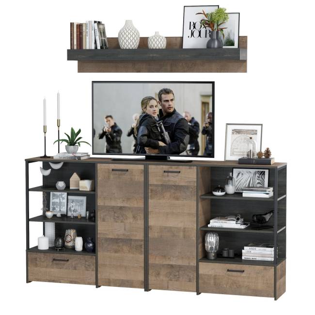 Два комода с дверками и ящиками и навесная полка Трувор цвет дуб гранж песочный/интра Два комода с дверками и ящиками и навесная полка Трувор цвет дуб гранж песочный/интра