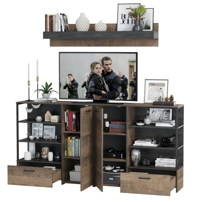 Два комода с дверками и ящиками и навесная полка Трувор цвет дуб гранж песочный/интра Два комода с дверками и ящиками и навесная полка Трувор цвет дуб гранж песочный/интра