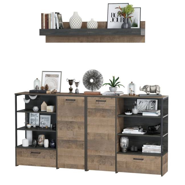 Два комода с дверками и ящиками и навесная полка Трувор цвет дуб гранж песочный/интра Два комода с дверками и ящиками и навесная полка Трувор цвет дуб гранж песочный/интра