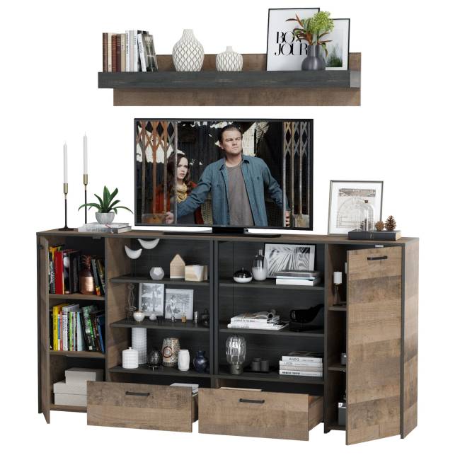 Два комода с дверками и ящиками и навесная полка Трувор цвет дуб гранж песочный/интра Два комода с дверками и ящиками и навесная полка Трувор цвет дуб гранж песочный/интра