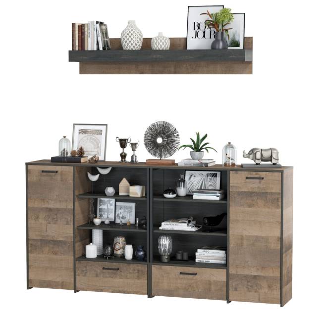 Два комода с дверками и ящиками и навесная полка Трувор цвет дуб гранж песочный/интра Два комода с дверками и ящиками и навесная полка Трувор цвет дуб гранж песочный/интра