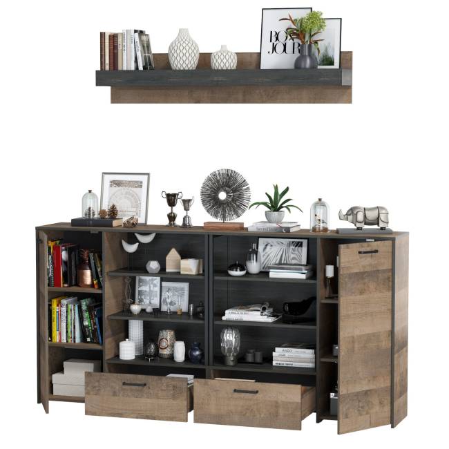 Два комода с дверками и ящиками и навесная полка Трувор цвет дуб гранж песочный/интра Два комода с дверками и ящиками и навесная полка Трувор цвет дуб гранж песочный/интра