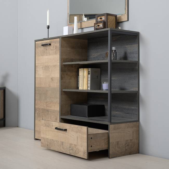 Два комода с дверками и ящиками и навесная полка Трувор цвет дуб гранж песочный/интра Два комода с дверками и ящиками и навесная полка Трувор цвет дуб гранж песочный/интра