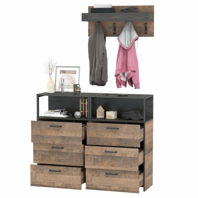 Два комода с нишей и тремя ящиками и вешалкой для одежды Трувор цвет дуб гранж песочный/интра Два комода с нишей и тремя ящиками и вешалкой для одежды Трувор цвет дуб гранж песочный/интра